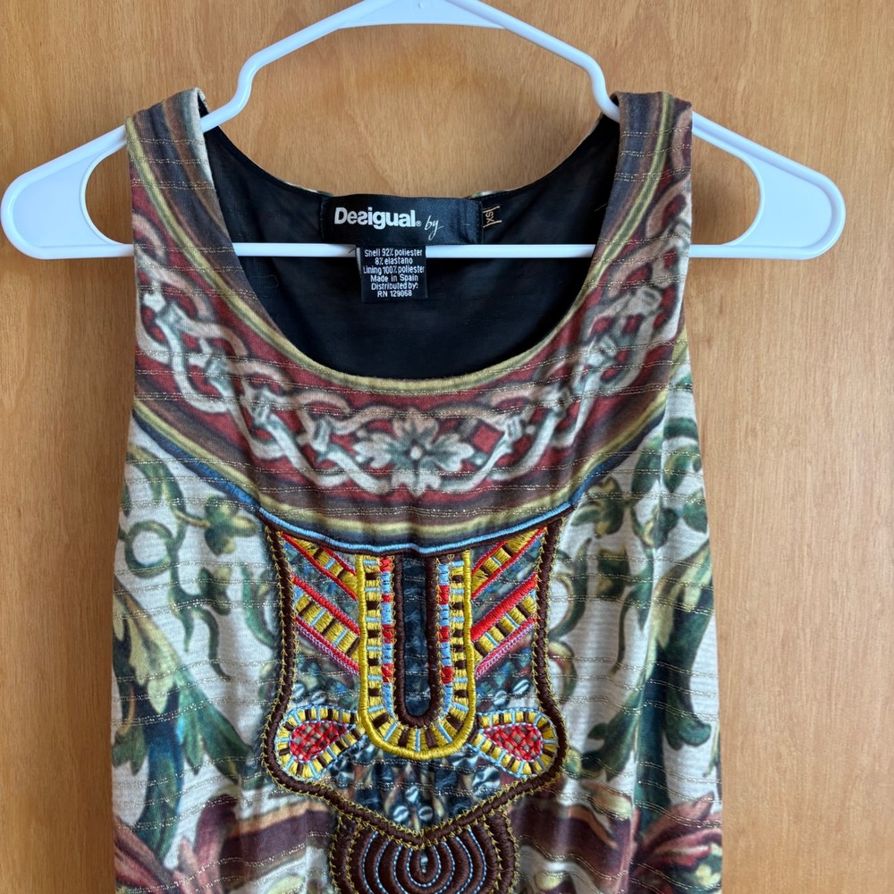 Desigual Womens Boho Embroidered Beaded Sleeveless Dress Gold Metallic Print XS - Picture 3 of 9